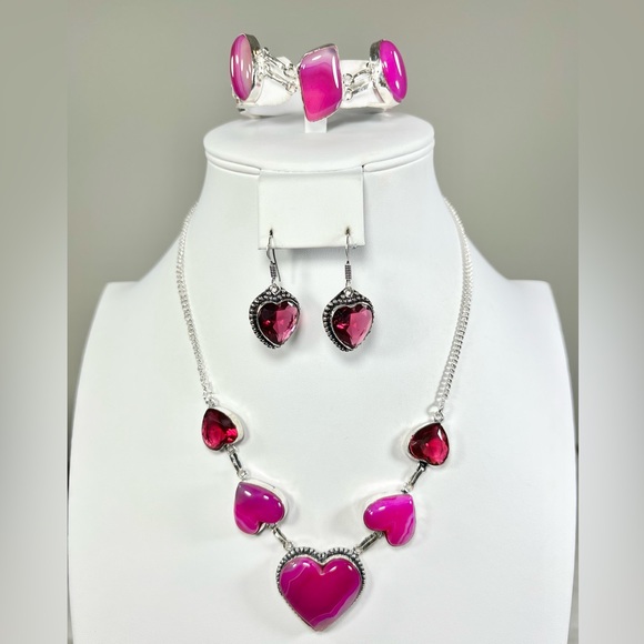 Pink Botswana Agate 925 Heart Necklace, Bracelet & Earrings ONLY - Picture 1 of 9